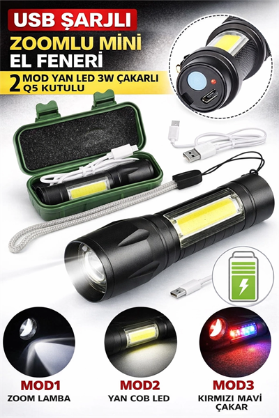 USB Şarjlı Zoomlu Mini El Feneri 3 Mod Yan COB LED Çakar Q5 Güçlü Işık Kutulu