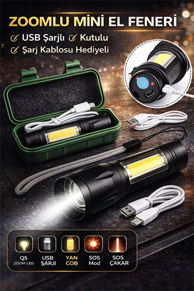 USB Şarjlı Zoomlu Mini El Feneri Q5 Güçlü Işık Yan COB LED SOS Mod Kutulu Şarj Kablolu Set
