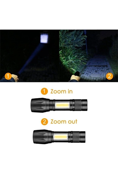 USB Şarjlı Zoomlu Mini El Feneri Q5 Güçlü Işık Yan COB LED SOS Mod Kutulu Taşınabilir