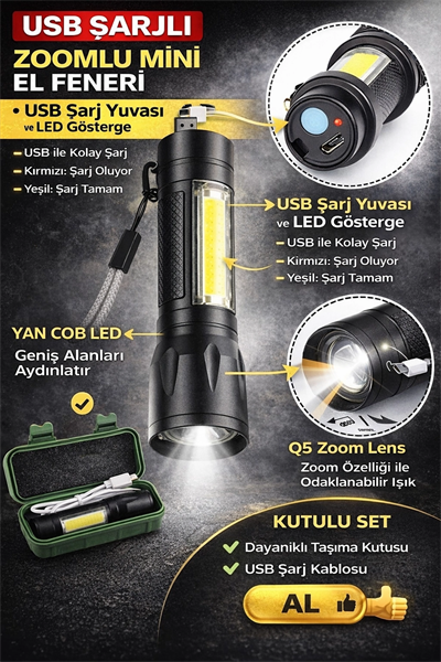 USB Şarjlı Zoomlu Mini El Feneri Q5 Güçlü Işık Yan COB LED SOS Mod Kutulu Taşınabilir
