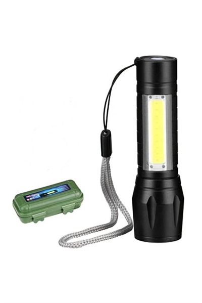 USB Şarjlı Zoomlu Mini El Feneri Q5 Güçlü Işık Yan COB LED SOS Mod Kutulu Şarj Kablolu Set