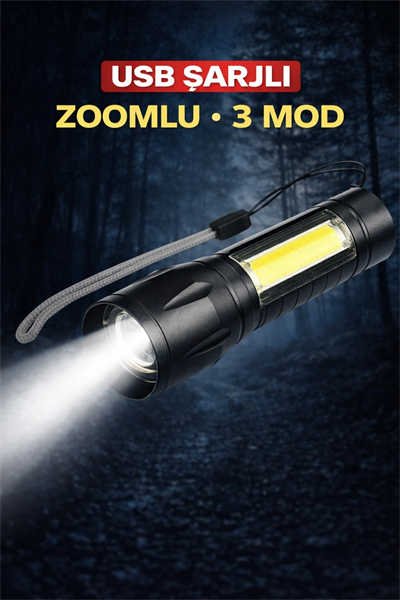 USB Şarjlı Zoomlu Mini El Feneri Q5 Güçlü Işık Yan COB LED SOS Mod Kutulu Taşınabilir