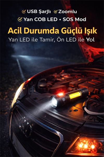 USB Şarjlı Zoomlu Mini El Feneri Q5 Güçlü Işık Yan COB LED SOS Mod Kutulu Acil Durum Işığı