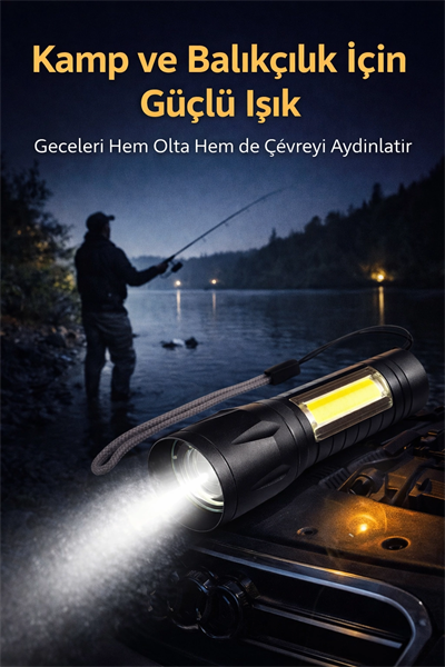 USB Şarjlı Zoomlu Mini El Feneri Yan COB LED Q5 Güçlü Işık SOS Mod Kutulu Kamp ve Balıkçı Feneri