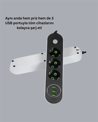 USB Yuvalı Anahtarlı Üçlü Priz 2 Metre Kablolu