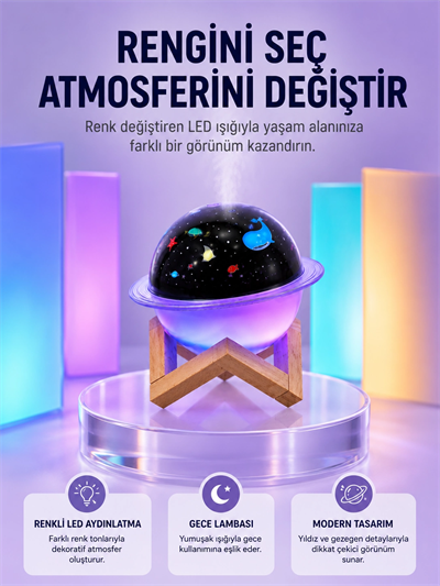 USB ile çalışan projektörlü aromaterapi nemlendirici masaüstü kullanım için uygun