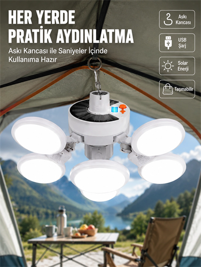 USB ve Solar Şarjlı Katlanabilir 5 Taraflı LED Lamba