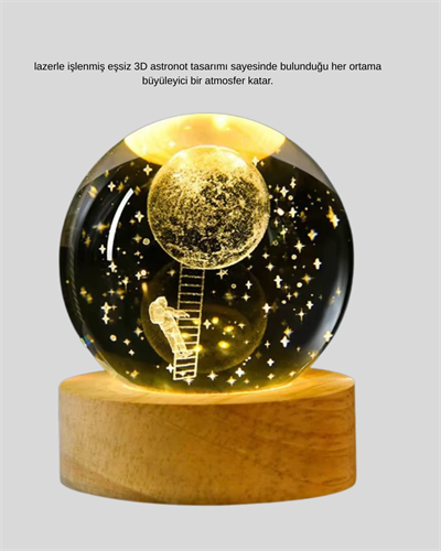 USB’li 3D Astronot Kristal Küre – Modern Uzay Temalı Gece Lambası