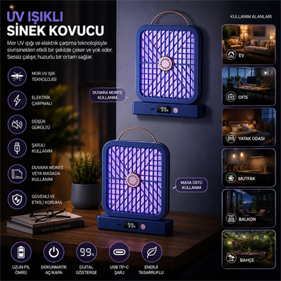 UV Işıklı Sinek Kovucu - Şarjlı ve Elektrik Çarpmalı - Dijital Ekranlı