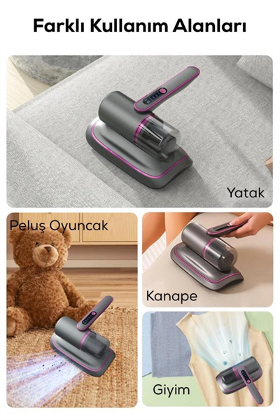 UV ışık teknolojili motorlu yatak temizleme cihazı ve akar giderme özellikli tüy toplayıcı