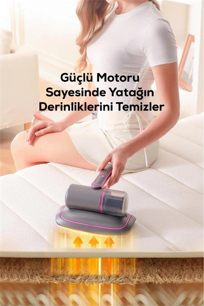 UV ışık teknolojili motorlu yatak temizleme cihazı ve akar giderme özellikli tüy toplayıcı