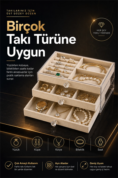 Üç Çekmeceli Kadife Takı Düzenleyici Şeffaf Kapaklı Mücevher Saklama Kutusu