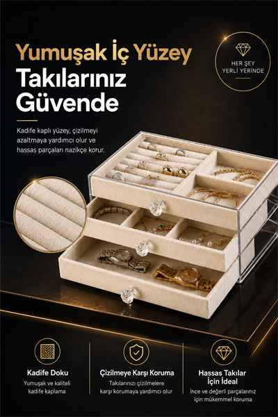 Üç Çekmeceli Kadife Takı Düzenleyici Şeffaf Kapaklı Mücevher Saklama Kutusu