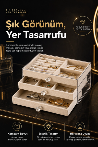 Üç Çekmeceli Kadife Takı Düzenleyici Şeffaf Kapaklı Mücevher Saklama Kutusu