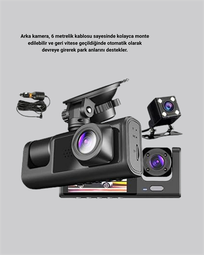 Üç Kameralı Araç DVR Full HD Gece Görüşlü ve 2 inç IPS Ekranlı