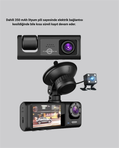 Üç Kameralı Araç İçi Kayıt Sistemi Full HD Gece Görüşlü ve G-Sensör Destekli