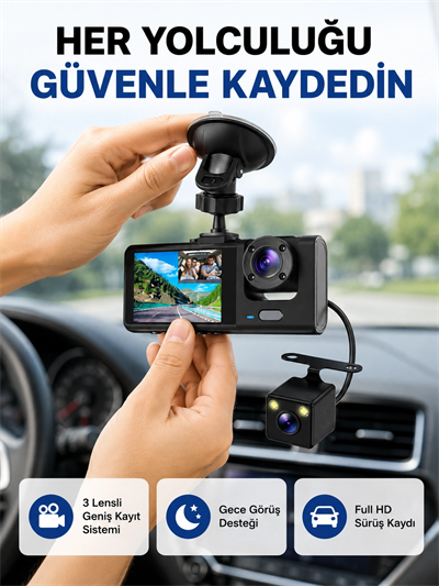Üç Kameralı Araç İçi Kayıt Sistemi Full HD Gece Görüşlü ve G-Sensör Destekli