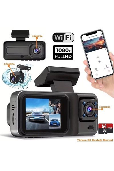 Üç Kameralı Ön Iç Arka Araç Içi Kamera Wifi Viidure App Mpıa CC38 64GB