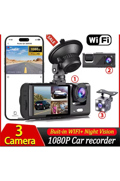 Üç Kameralı Wi‑Fi Araç İçi Kamera – GPS Takip & G-Sensor Özellikli Güvenlik Çözümü