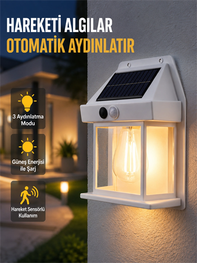 Üç Modlu Güneş Enerjili Duvar Lambası 1800mAh Bataryalı ve Hareket Sensörlü