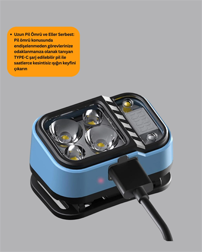 Üç Renkli LED Kafa Feneri 53 Mod Güç Göstergeli Type C Şarjlı