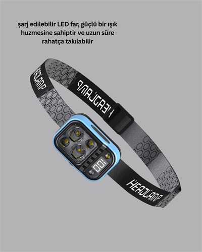 Üç Renkli LED Kafa Feneri 53 Mod Güç Göstergeli Type C Şarjlı