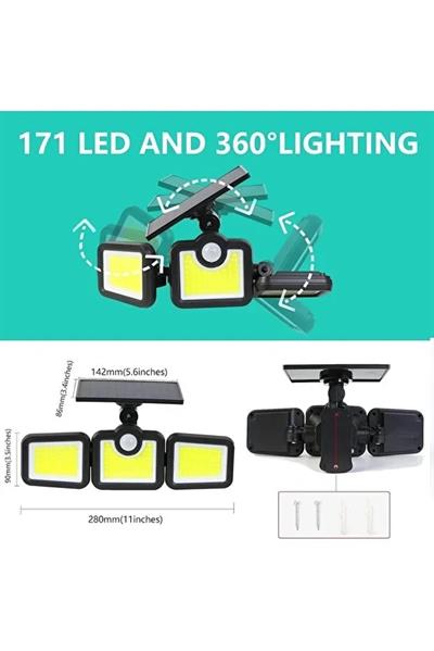 Üçlü Solar Led Projektör – Beyaz Işık – Sensörlü Dış Mekân Aydınlatma (3936)