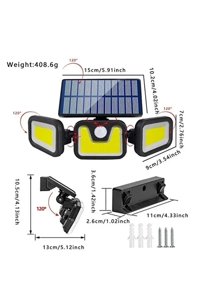 Üçlü Solar Led Projektör – Beyaz Işık – Sensörlü Dış Mekân Aydınlatma Bx40
