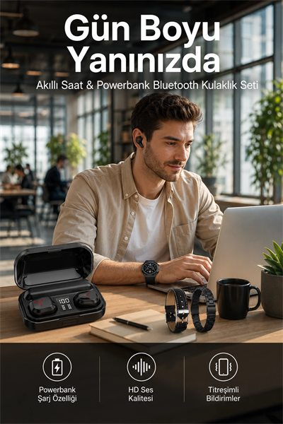 Ucuz Kaliteli Akıllı Saat ve Powerbank Bluetooth Kulaklık 5.1 Stereo ANC Özelliği