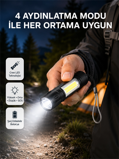 Ultra Dayanıklı 4 Mod Şarjlı Işıldak | Suya ve Darbeye Dayanıklı | 100.000 Saat LED Ömrü