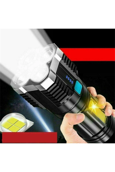 Ultra Parlak El Feneri Usb Şarj 4 Led+Yan Cob Led Taktik Günlük Hayat Kamp Avcılık El Feneri