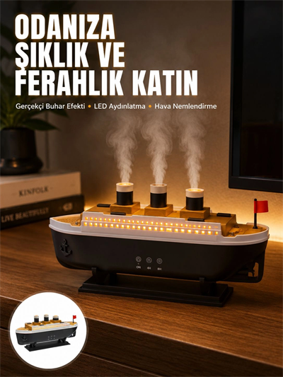 Ultra Sessiz Titanik Gemi LED Işıklı Aroma Difüzörü Oda Nemlendirici Yeni Nesil