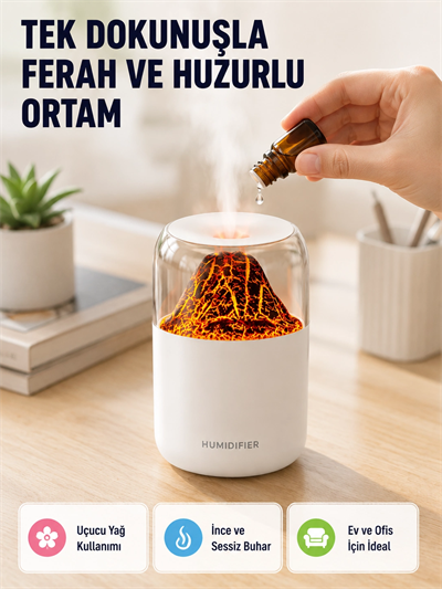 Ultrasonik Alev Efektli Aromaterapi Difüzörü USB Şarjlı ve Otomatik Kapanma Özellikli