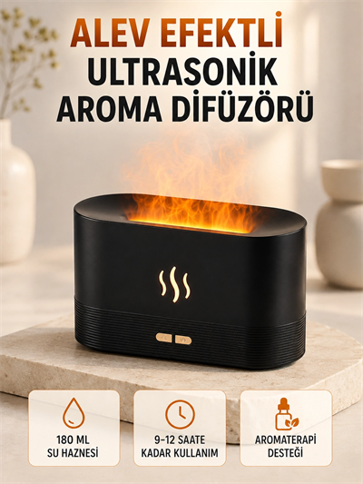 Ultrasonik Aromaterapi Difüzörü 180 ML Hazneli Dekoratif Alev Efektli Nemlendirici
