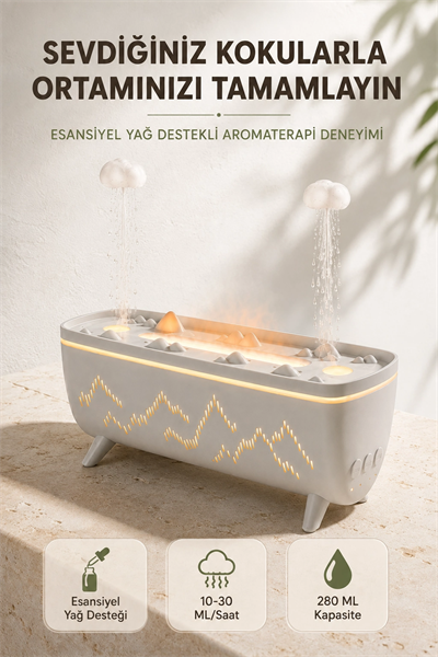 Ultrasonik Hava Nemlendirici Aromaterapi Difüzörü Jöle Yağmur Efektli LED Işıklı 280 ML