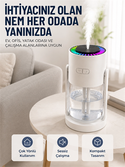Ultrasonik Hava Nemlendirici Renkli LED Işıklı Sessiz Oda Nemlendirme Cihazı