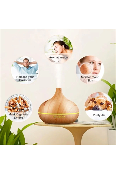 Ultrasonik ahşap desenli hava nemlendirici kumandalı aroma difüzörü 550 ml 7 renk led
