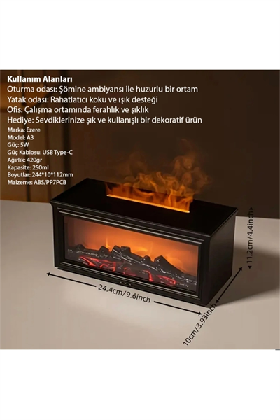 Ultrasonik şömine görünümlü hava nemlendirici 250 ml bordo 220-240V 2 yıl garantili