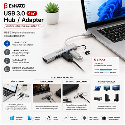 Usb 3.0 Giriş 4ın1 Usb Çoğaltıcı 4 Anahtarlı Port - Hı-speed Usb 3.0 - Usb 2.0 Hub Adaptör Ekd-uh60 Bx40