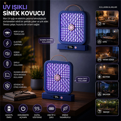 Usb Şarjlı - Elektrik Çarpmalı - Dijital Ekran Asma Aparat - Sessiz Çalışma Uv Işıklı Sinek Kovucu Hs-371 Bx40