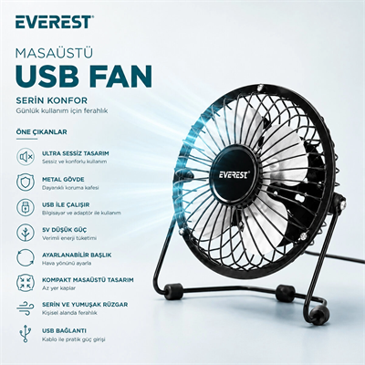 Usb Şarjlı - Metal Gövde 14.5x7.5x15cm Mini Masaüstü Fan - Vantilatör Efn-482 Bx40