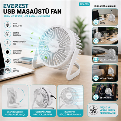 Usb Şarjlı - Pvc Gövde 14.5x14.1cm Masa Üstü Fan - Vantilatör Efn-505 Bx40