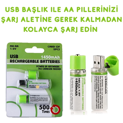 Usb ile Şarj Olabilen 2 li 1450 mah Lityum Şarjlı Kalem Pil