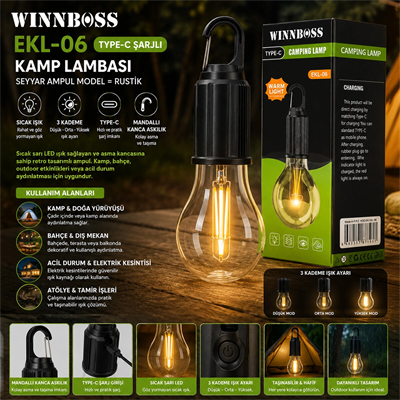 Usb Şarjlı Seyyar Ampul Model=rustik Kamp Lambası Mandallı Kanca Askılık 3-kademe Işık Ekl-06 G-912 Bx40