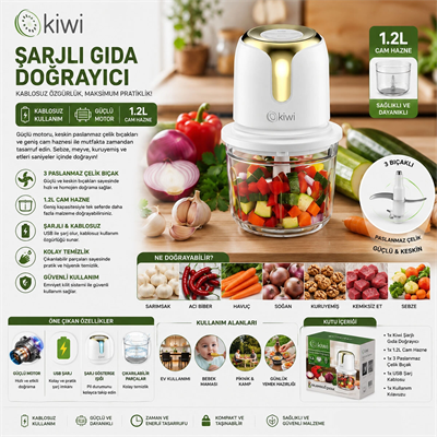 Usb To Type-c Şarjlı Mini 3 Bıçaklı Gold Blender Rondo Gıda Doğrayıcı 1.2lt=mika Kristal Hazne Kc-8221 Bx40