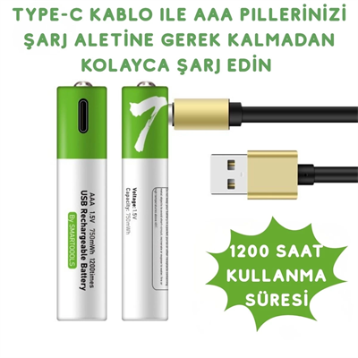Usb Type-C ile Şarjolabilen 4 Adet AAA 1.5V Lityum Şarjlı Kalem Pil 750 mAH Uzun Ömürlü