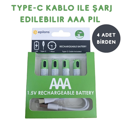 Usb Type-C ile Şarjolabilen 4 Adet AAA 1.5V Lityum Şarjlı Kalem Pil 750 mAH Uzun Ömürlü
