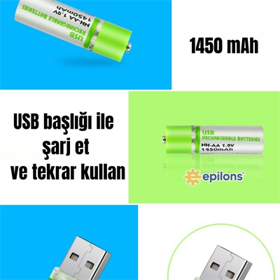 Usb ile Şarj Olabilen 2 li 1450 mah Lityum Kalın Şarjlı Kalem Pil