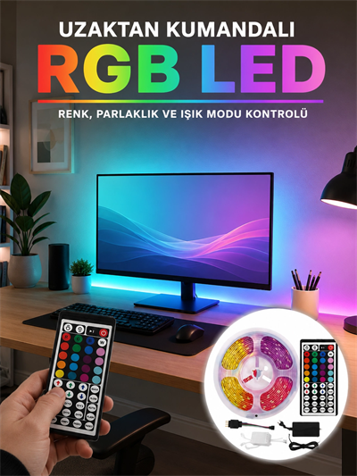 Uzaktan Kumandalı RGB Şerit LED 5 Metre 12V 5050 SMD Çok Renkli Dekoratif Işık Seti