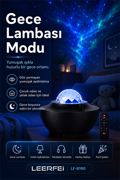 Uzaktan Kumandalı Yıldızlı Gökyüzü Projektörü Gece Lambası Ambiyans Işıklı